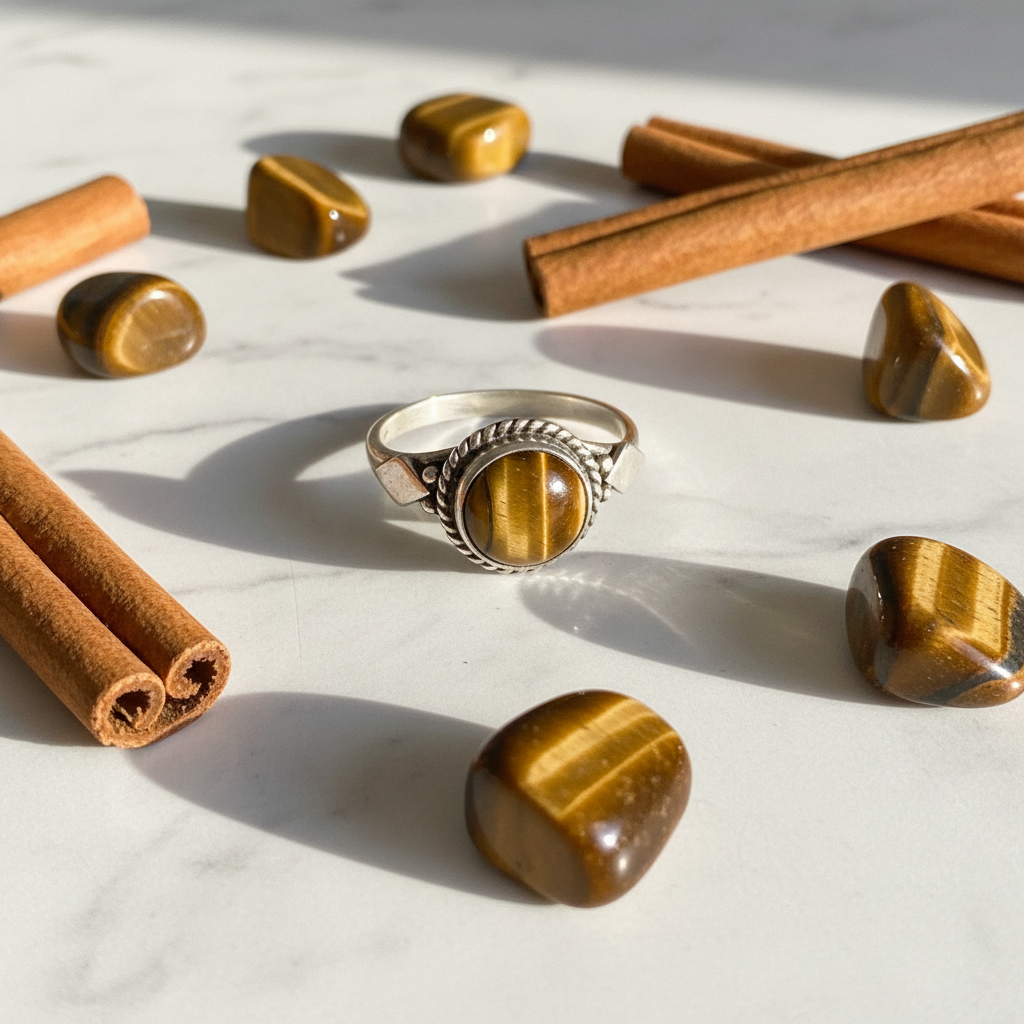 Anello Vintage in Argento con Occhio di Tigre Naturale - flat lay marmo