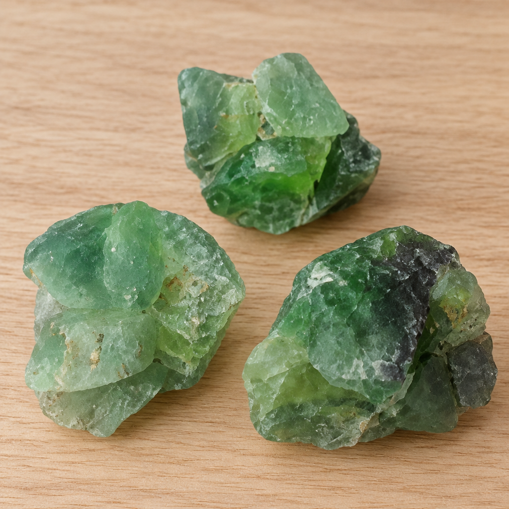 Campioni di fluorite verde su legno
