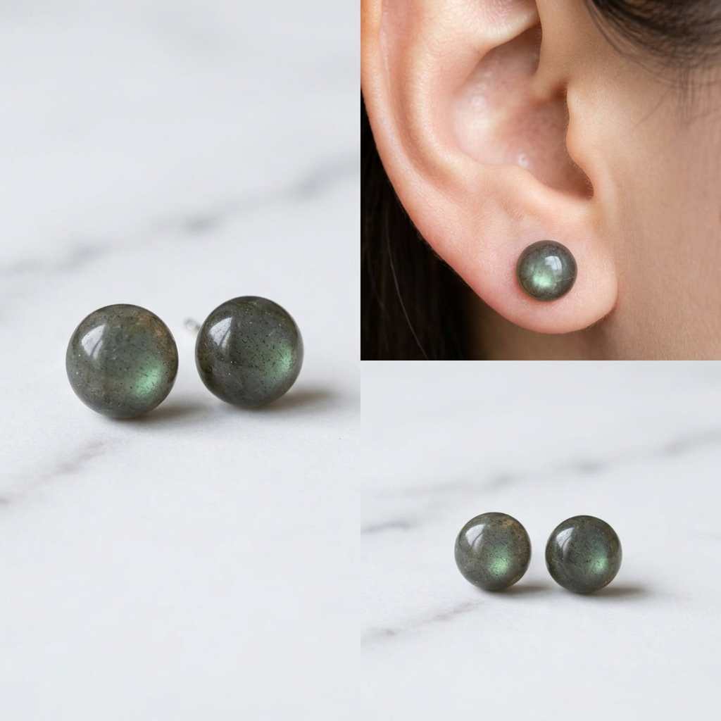 Orecchini in labradorite verde su marmo