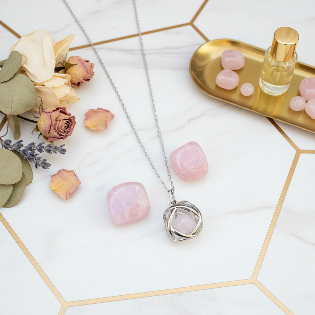 Collana Genesa Quarzo Rosa - sfondo marmo luxury
