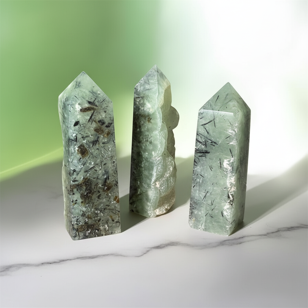 Torri di prehnite con tormalina nera su sfondo marmo bianco