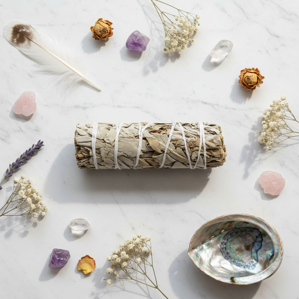 Fascio di Salvia Bianca - flat lay marmo