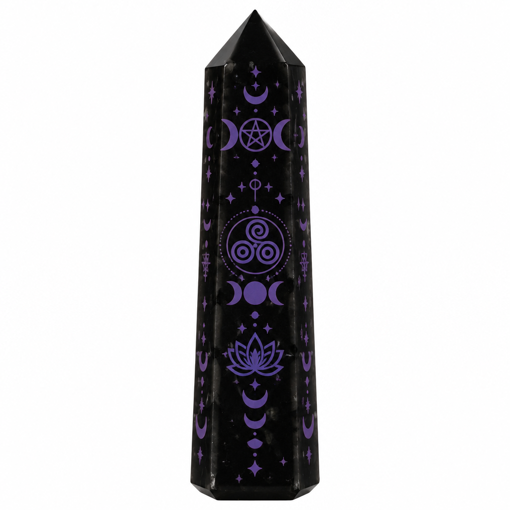Obelisco in ossidiana serigrafato viola, altezza circa 10 cm