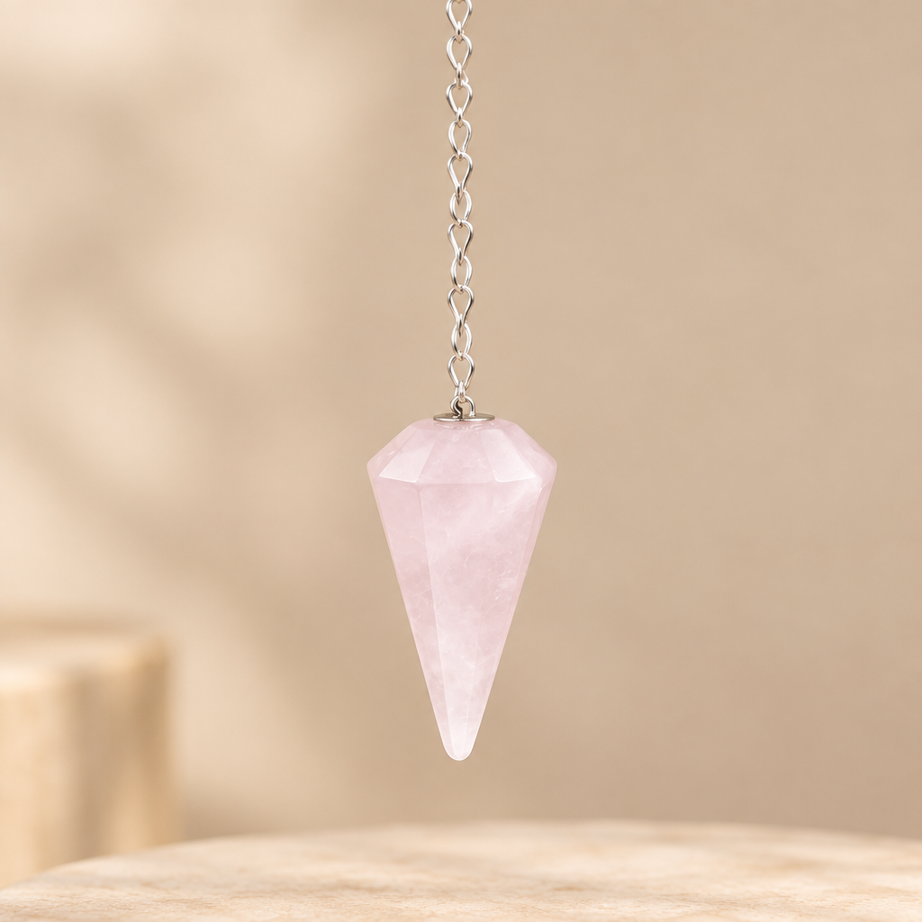 Pendolo in quarzo rosa sospeso dalla catena