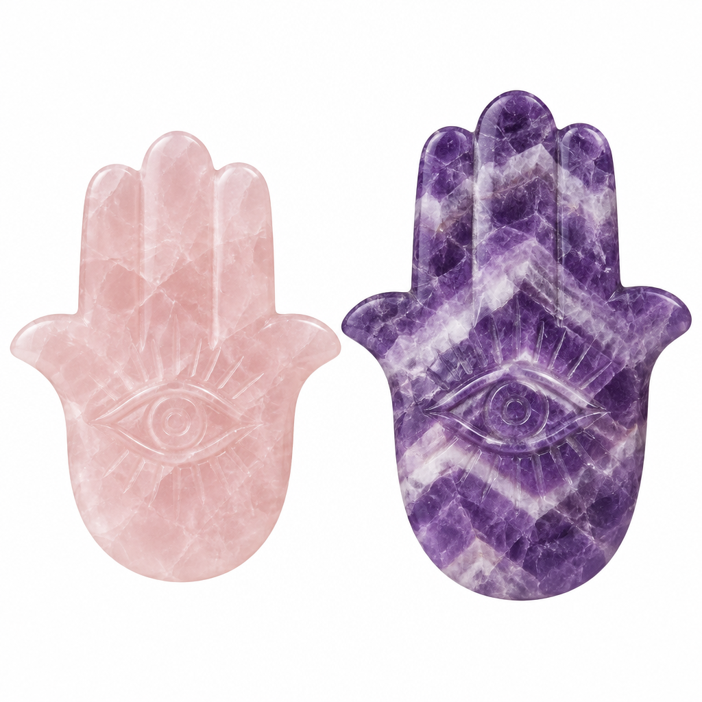 Hamsa in quarzo rosa e ametista chevron su bianco