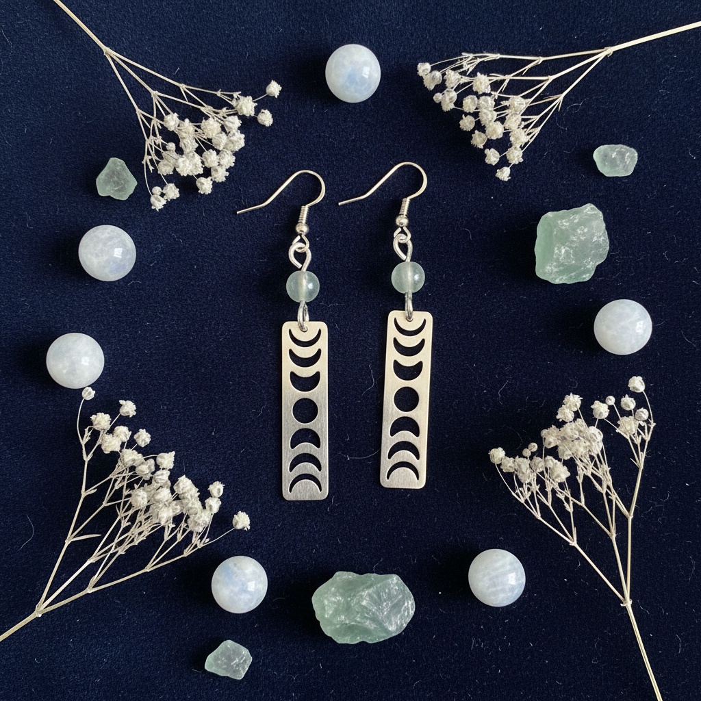 Orecchini Fasi Lunari flat lay velluto blu notte