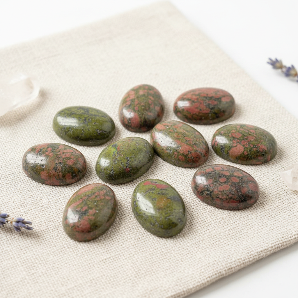 Cabochon unakite - lifestyle su lino
