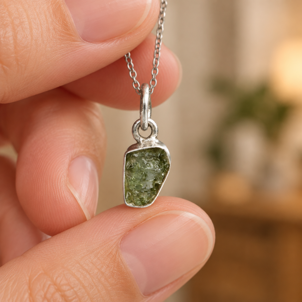 Ciondolo in moldavite tenuto tra le dita