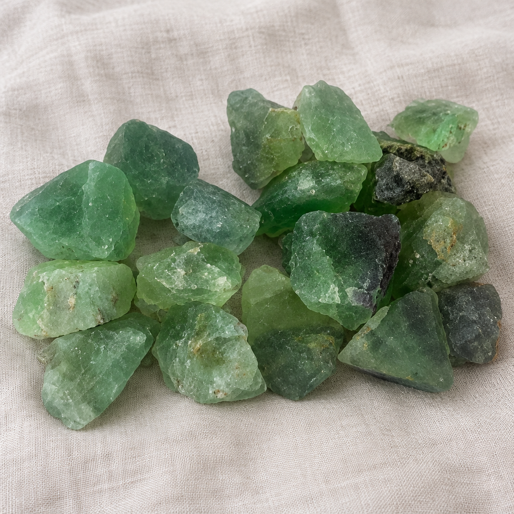 Fluorite verde grezza su lino