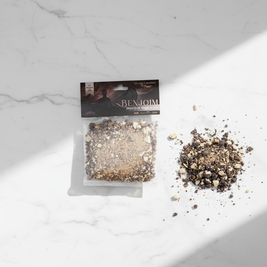 Granuli di incenso al benzoino flat lay su marmo