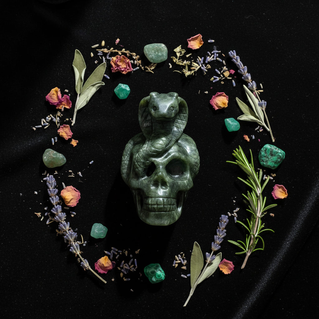 Teschio e Cobra Giada Verde flat lay velluto nero