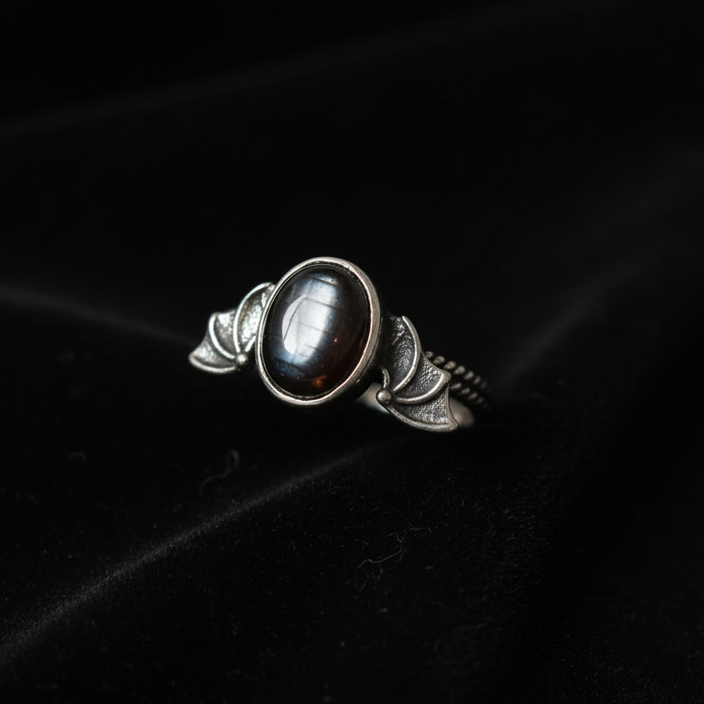 Anello pipistrello ossidiana silver - macro dettaglio