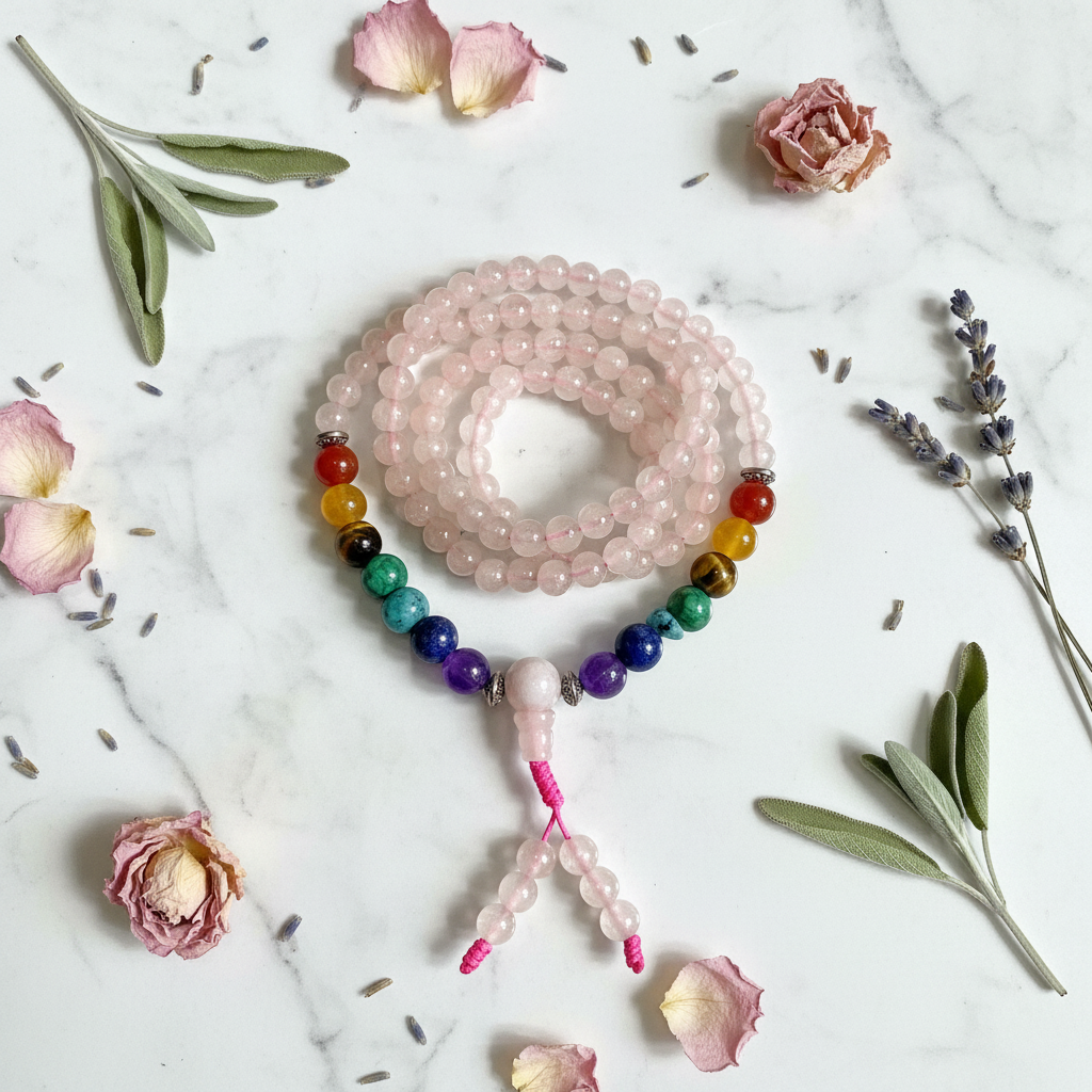 Mala quarzo rosa 7 chakra con fiori secchi e salvia