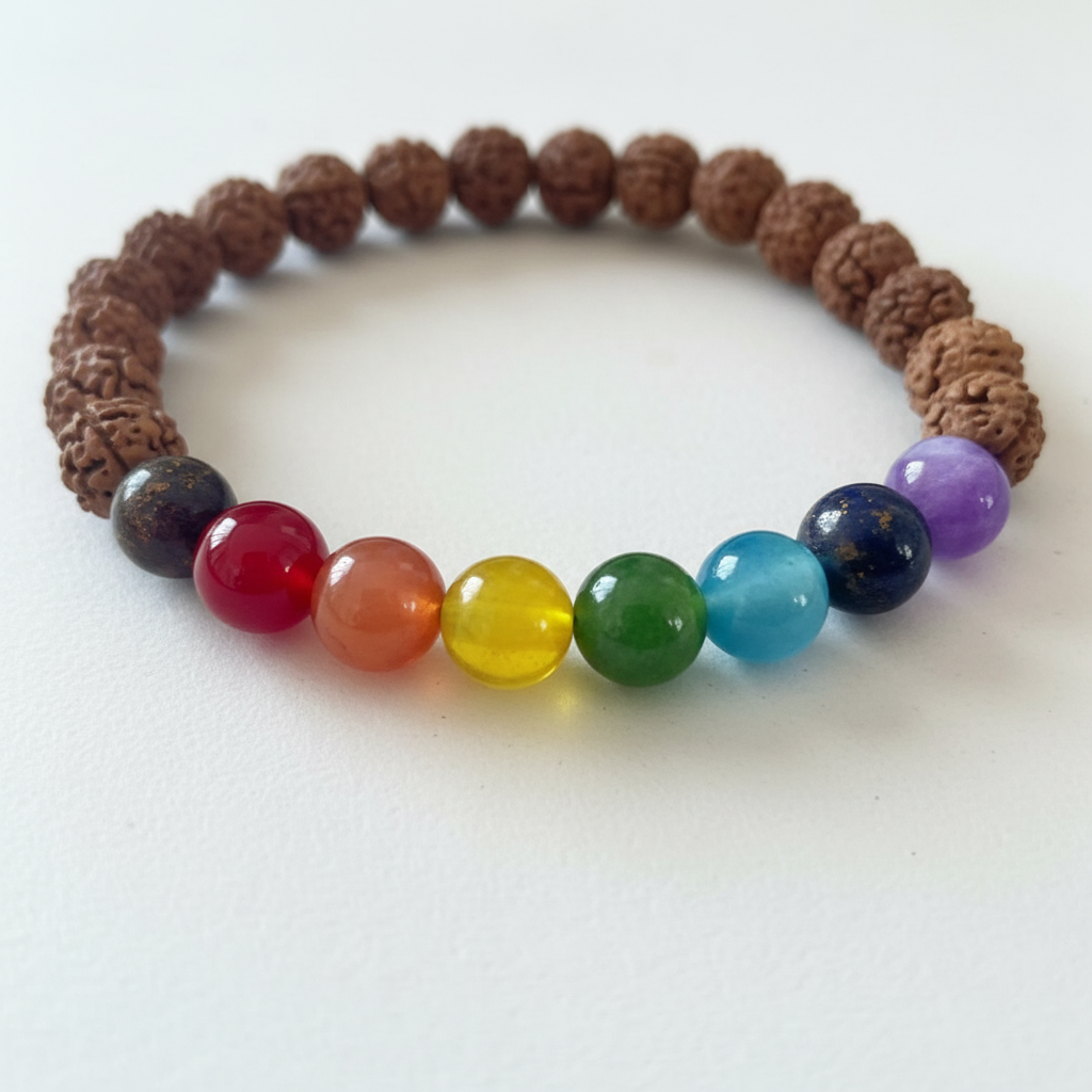 Close-up perle Rudraksha e 7 chakra colorati