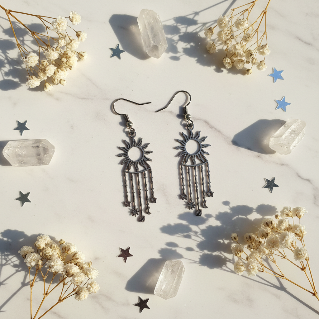 Orecchini Sole Luna Stelle flat lay marmo bianco