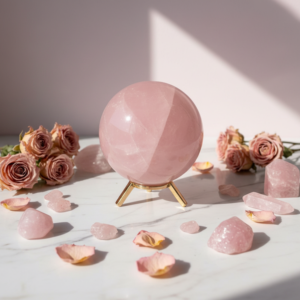 Sfera Quarzo Rosa su marmo con rose e cristalli