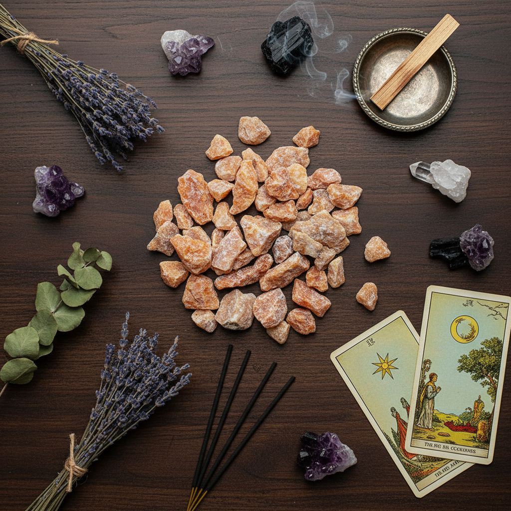 Calcite arancione grezza flat lay con fiori incenso e tarocchi