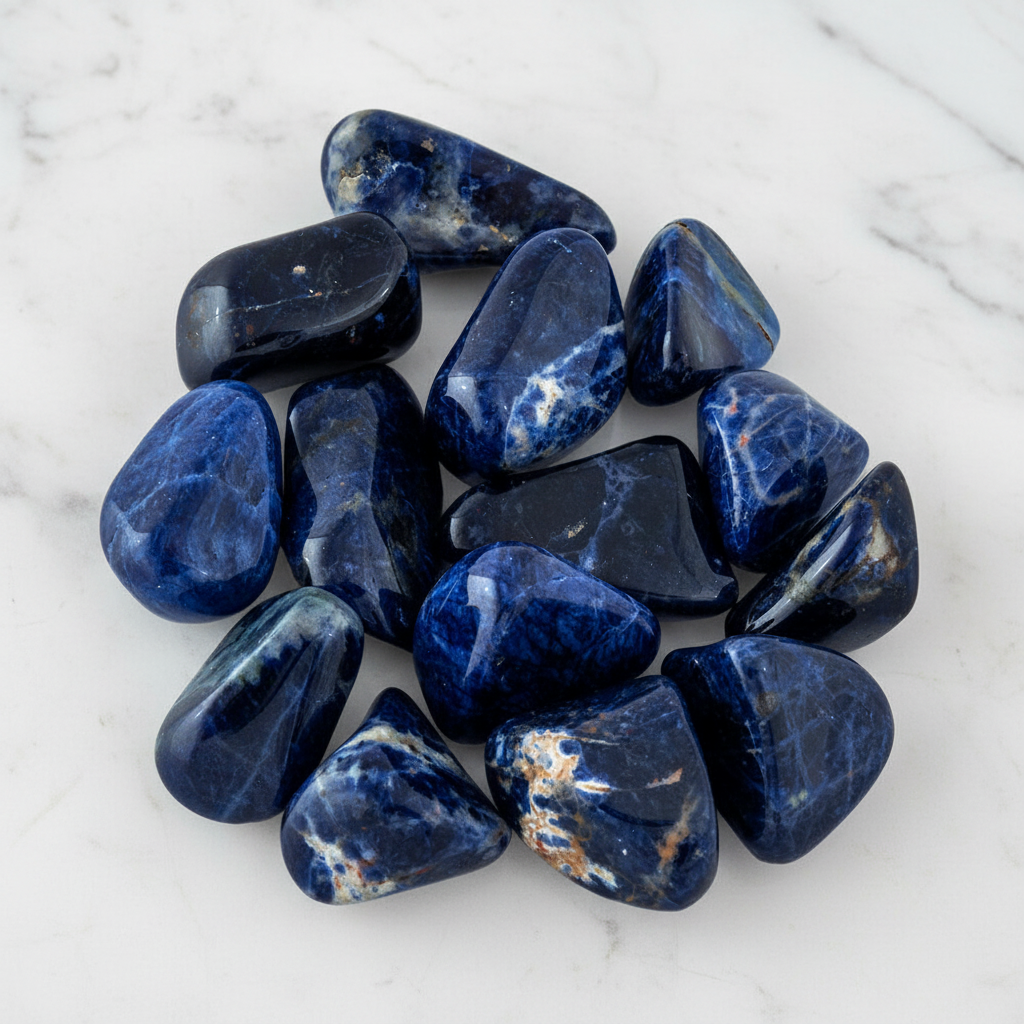 Sodalite burattata - flatlay su marmo