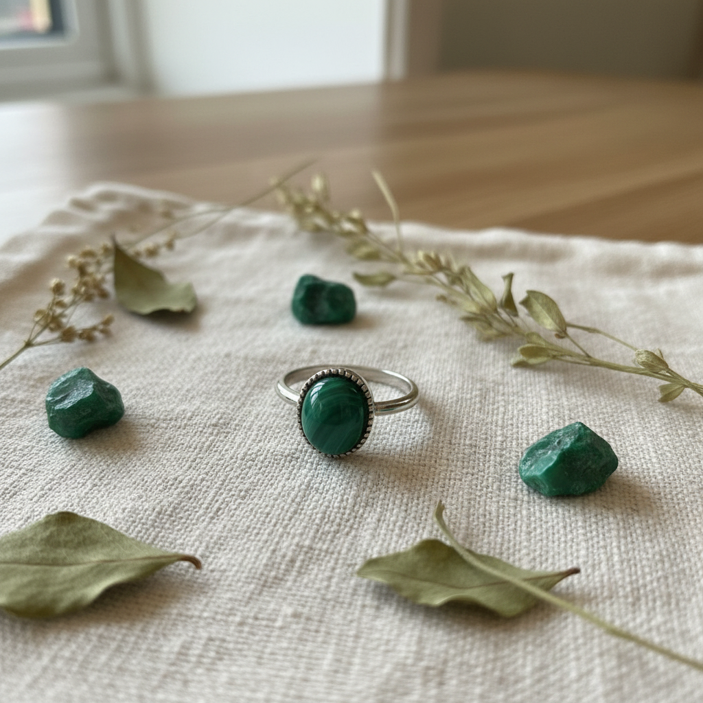 Anello malachite composizione foglie
