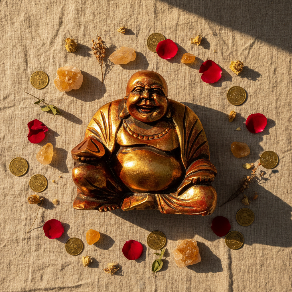 Buddha ridente grande - flatlay lino con cristalli e petali rossi