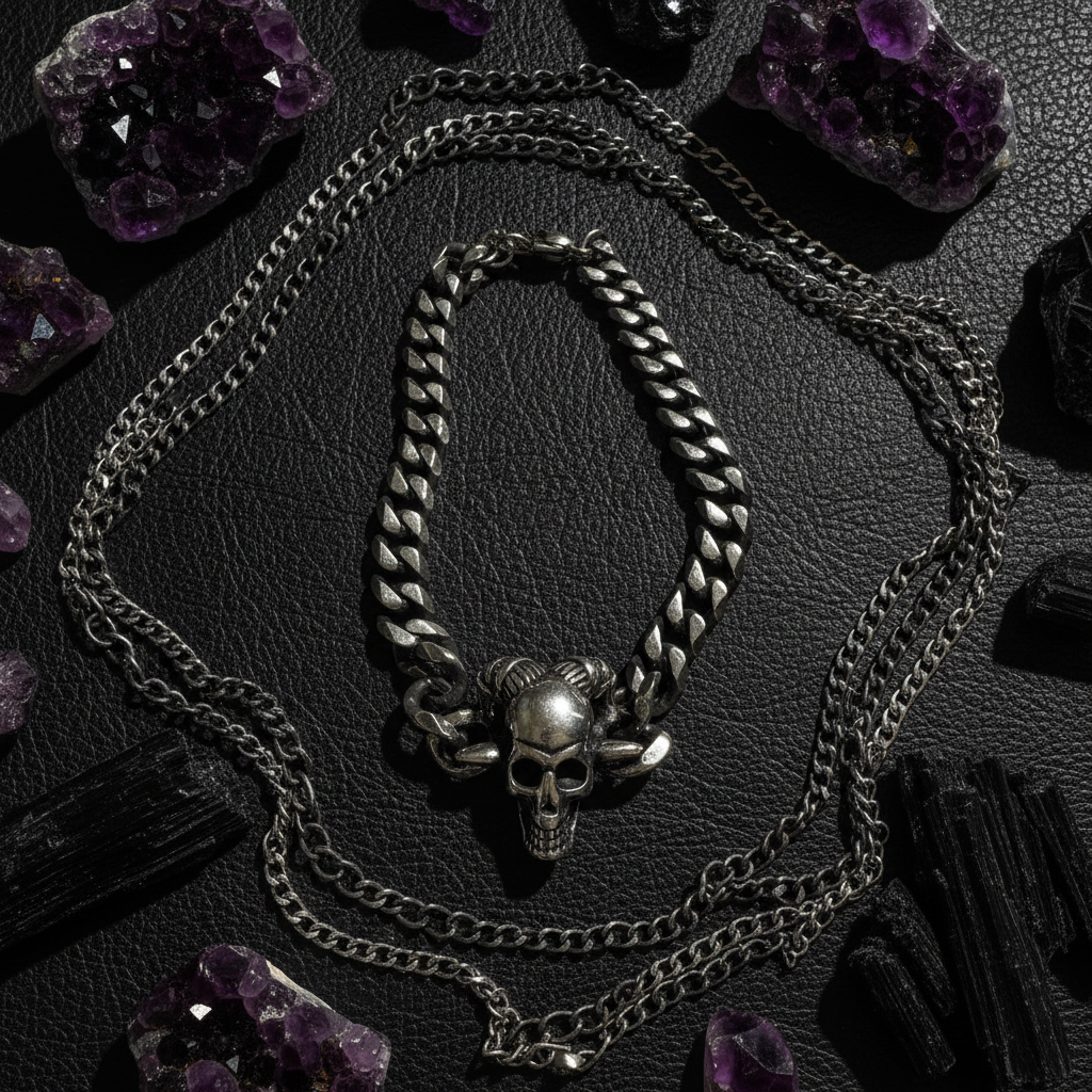 Bracciale Teschio Corna flat lay pelle nera