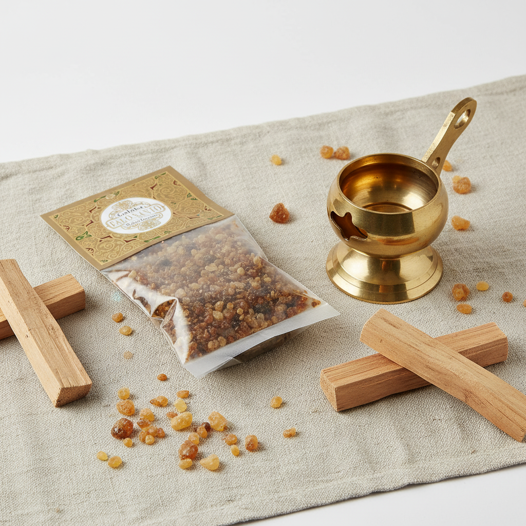 Resina palo santo Goloka - lifestyle su lino con bruciatore e bastoncini