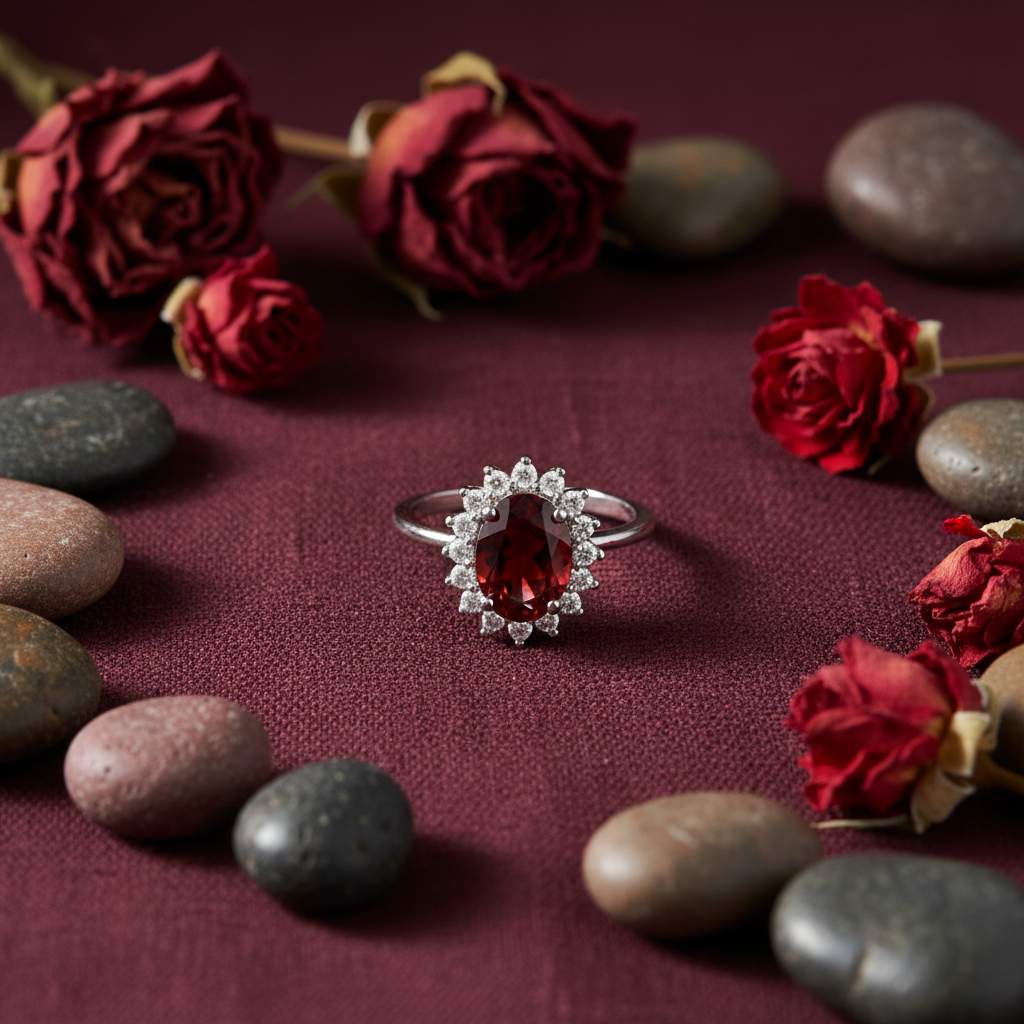 Anello granato flat lay con fiori rossi