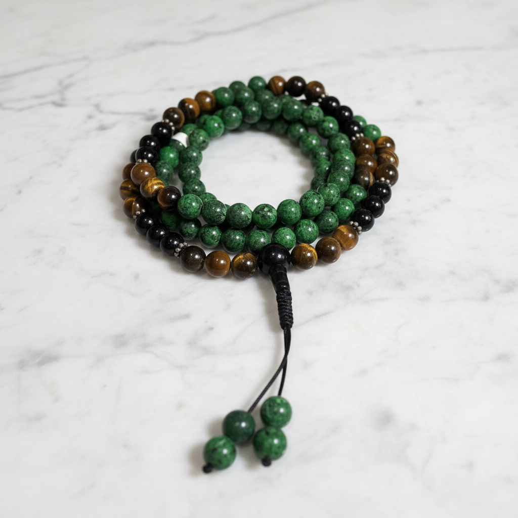 Mala zoisite onice occhio di tigre flatlay su marmo