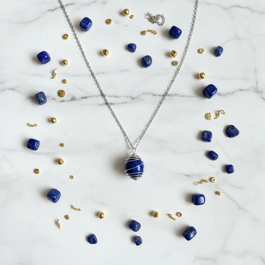 Collana Gabbia Lapislazzuli flat lay marmo con accenti dorati