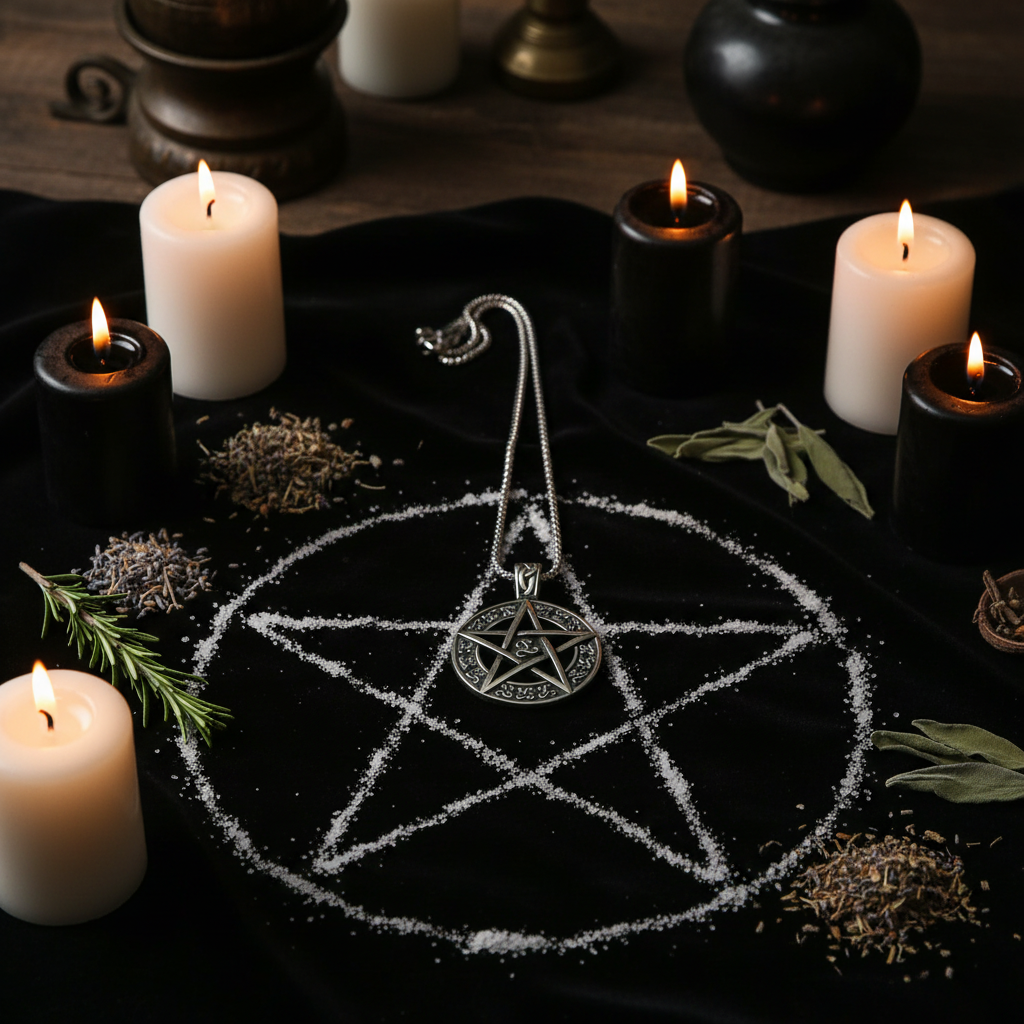 Collana Pentacolo Celtico - velluto nero con candele e pentagramma