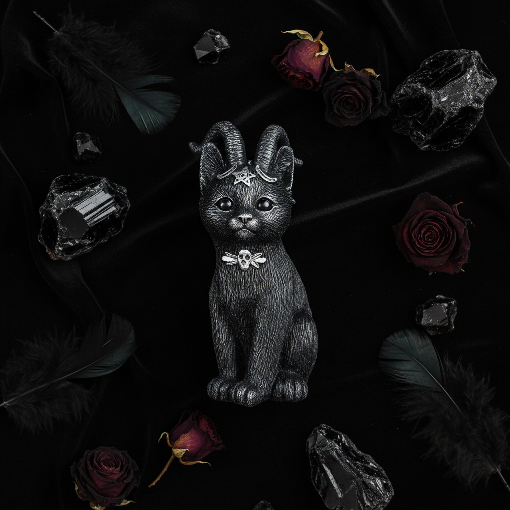 Statuina gatto Baphomet con corna - composizione velluto cristalli