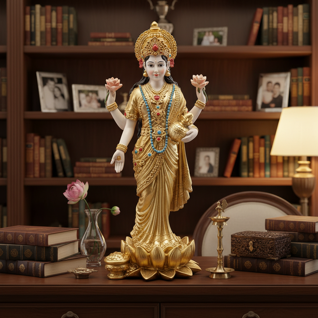 Statua Lakshmi stante su credenza come statement piece