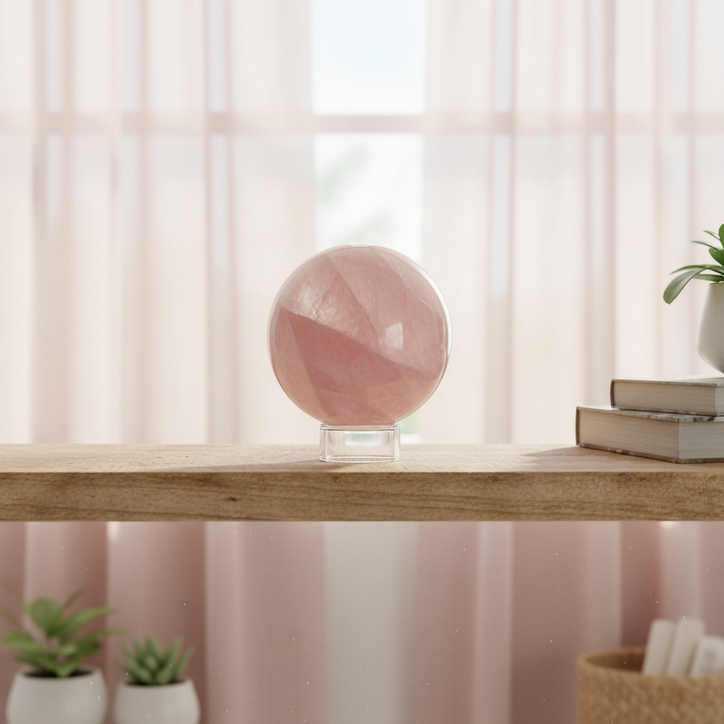 Sfera Quarzo Rosa lifestyle su mensola con luce naturale