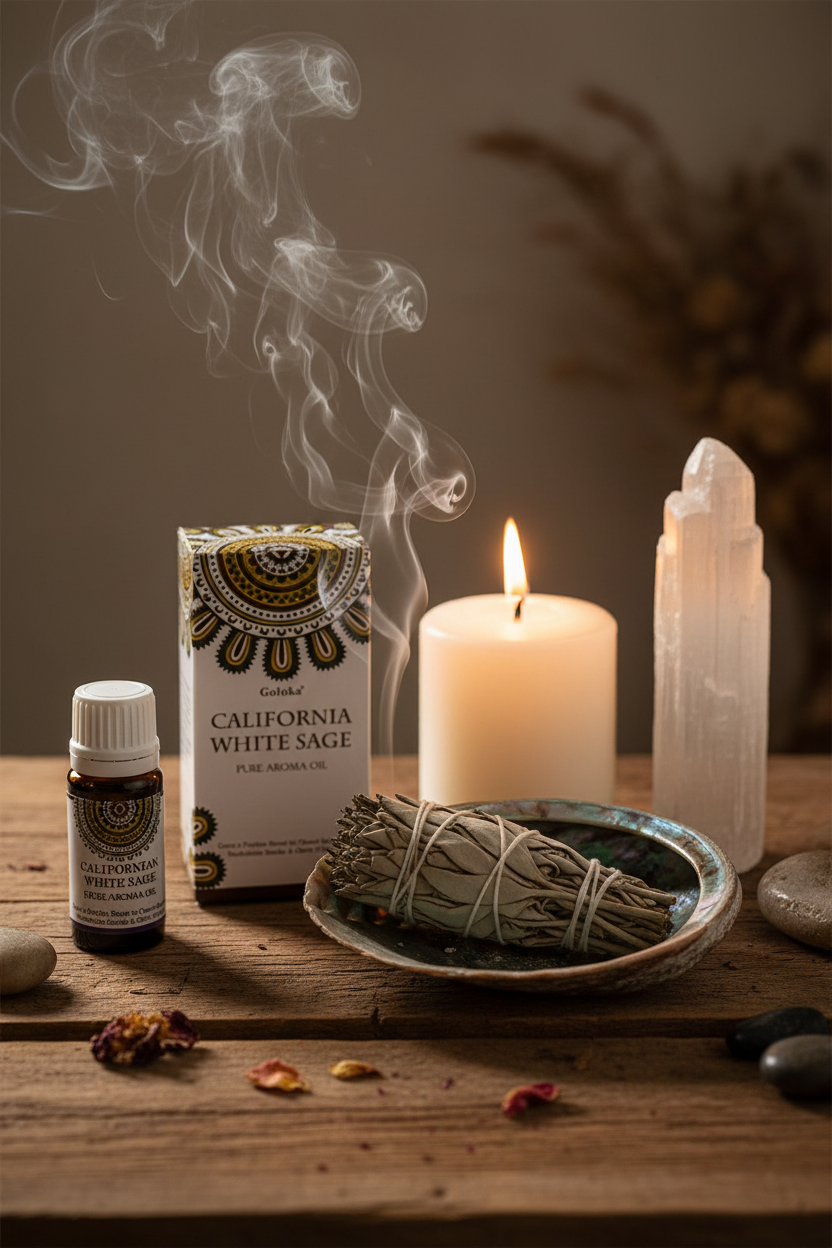 Olio aromatico Goloka California White Sage - altare rituale con candela e selenite