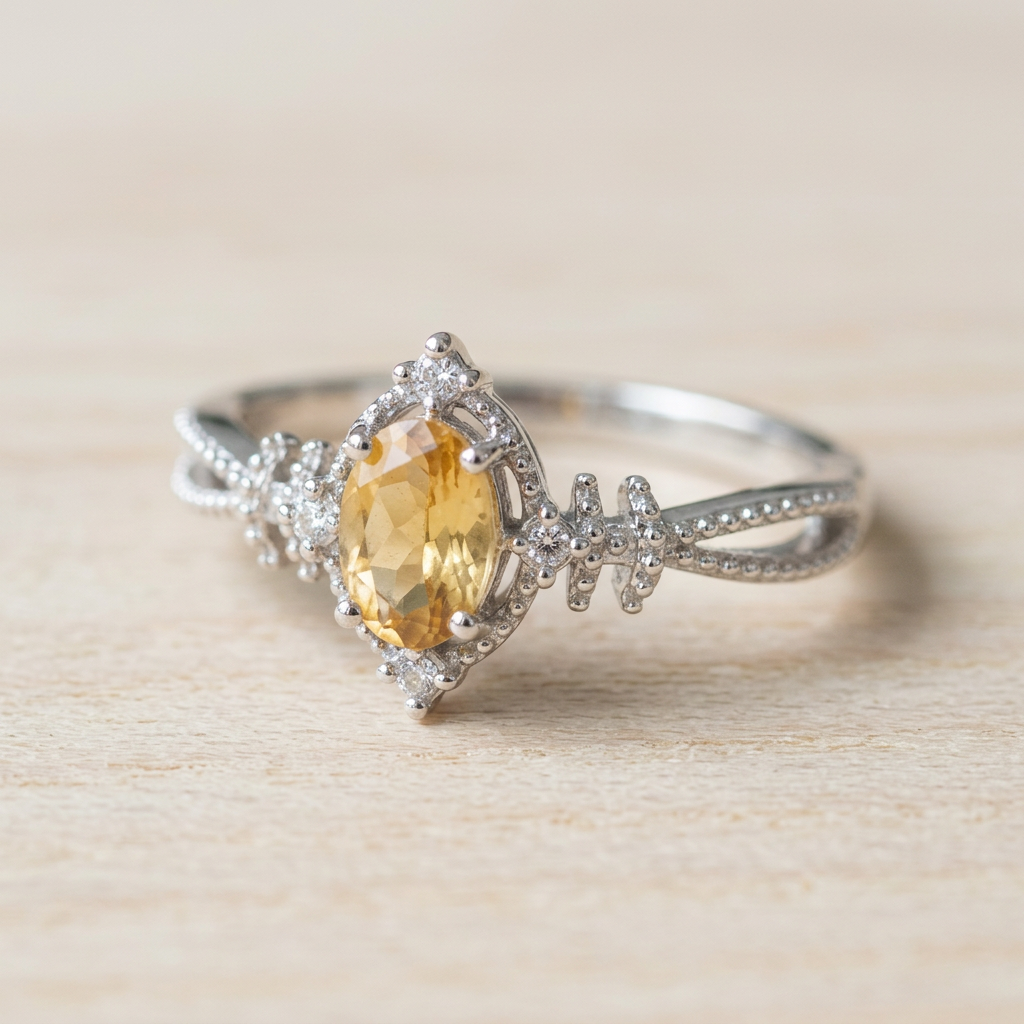 Anello 313 con citrino su legno chiaro