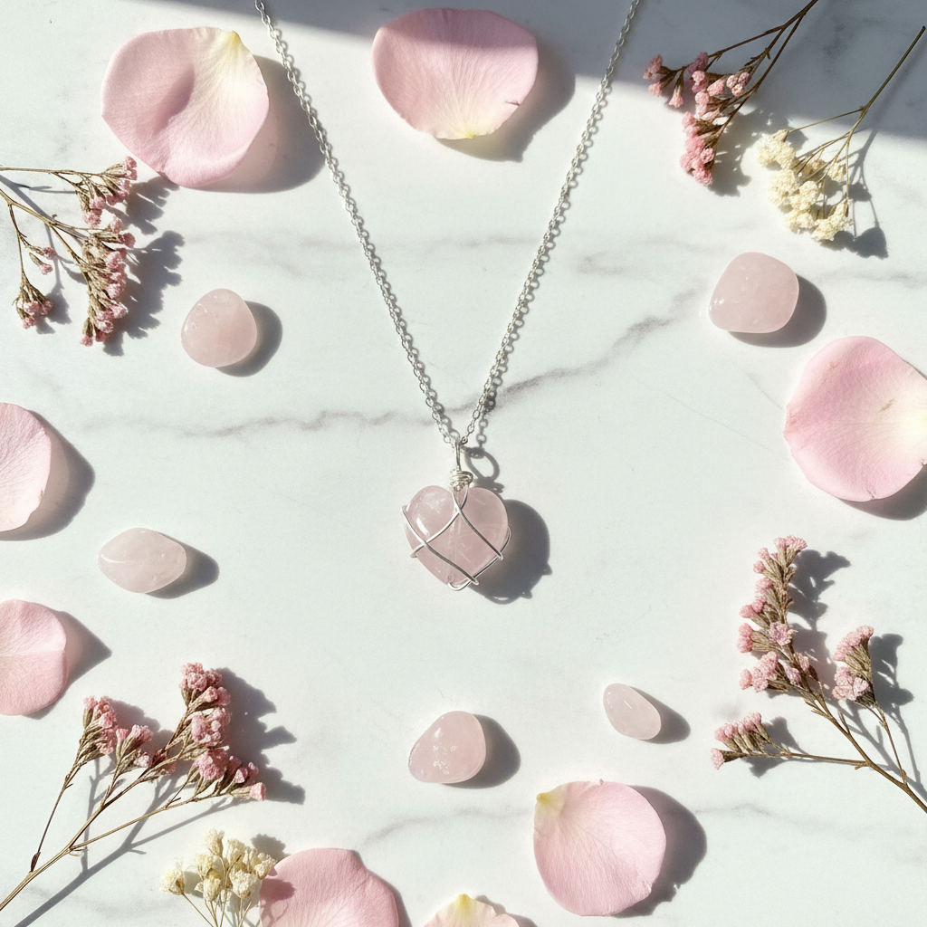 Collana Cuore Quarzo Rosa flat lay marmo con petali