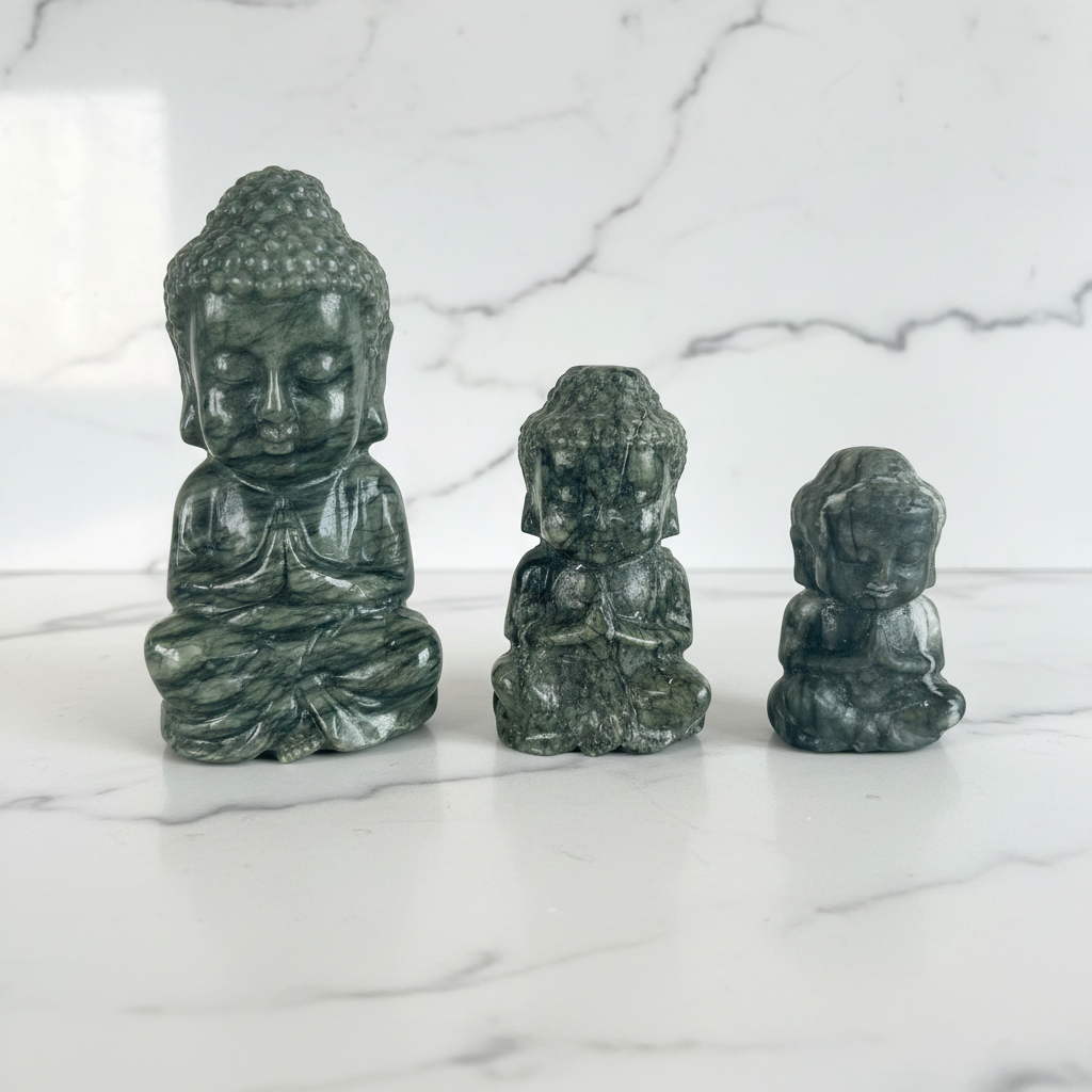 Buddha Giada Verde Xiuan - flatlay su marmo bianco