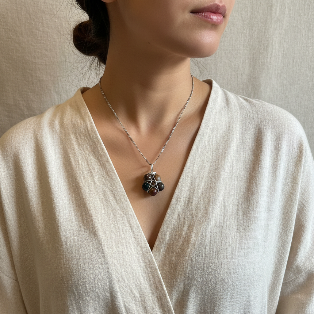 Collana Pentacolo Diaspro Oceano - indossata su lino