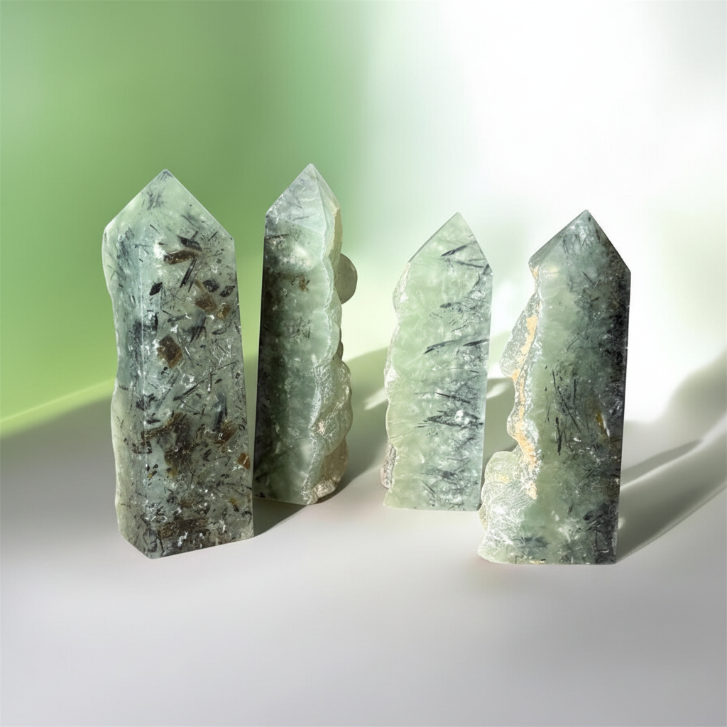 Torri di prehnite con tormalina nera su sfondo bianco studio