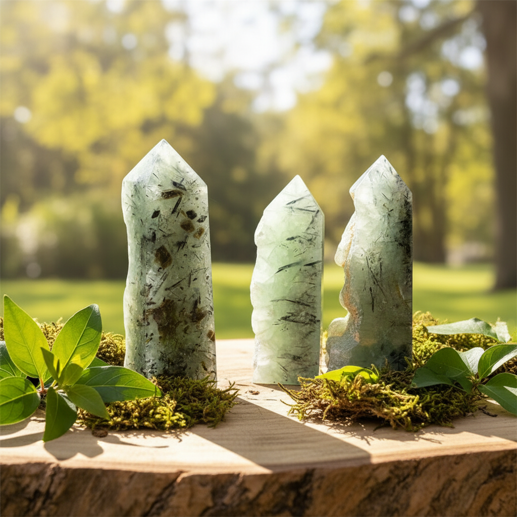 Torri di prehnite con tormalina nera su legno con foglie verdi e muschio