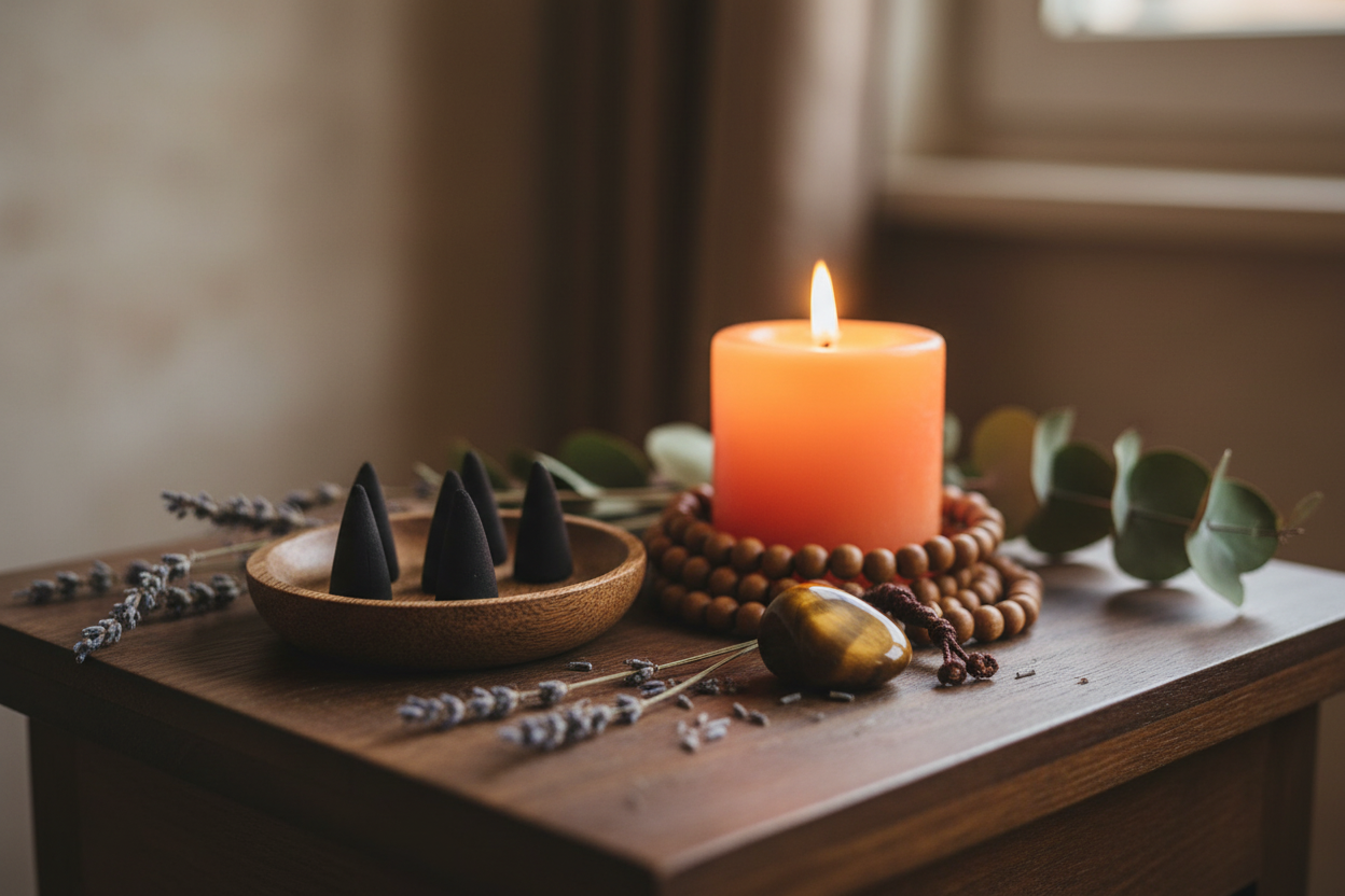 Coni Sandalo - altare meditazione con candela arancione e mala