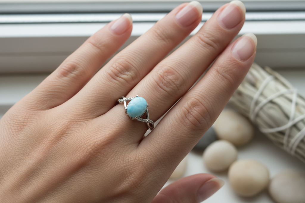 Anello larimar indossato - luce naturale