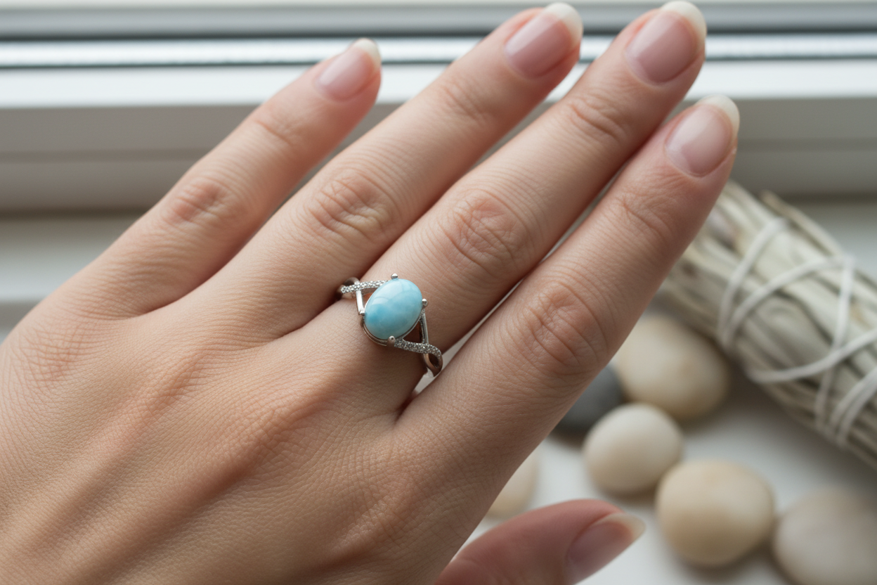 Anello larimar indossato - luce naturale
