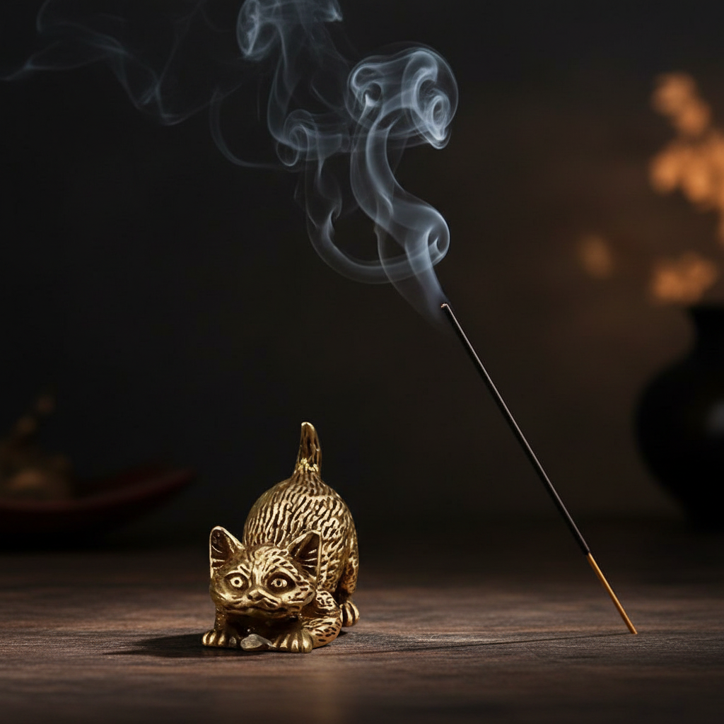 Gatto stiracchiato ottone - incenso e fumo