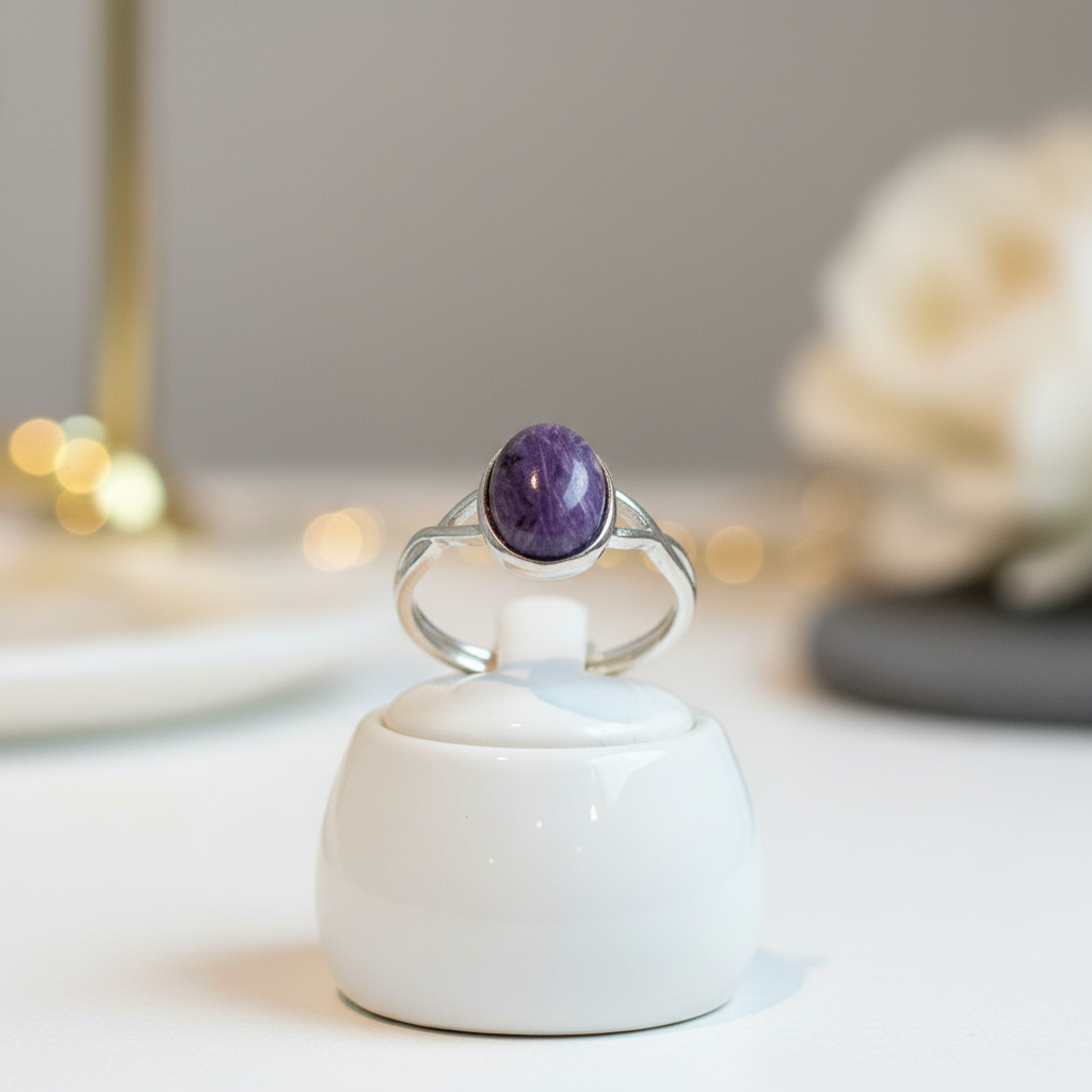 Anello charoite su porta-anello in ceramica