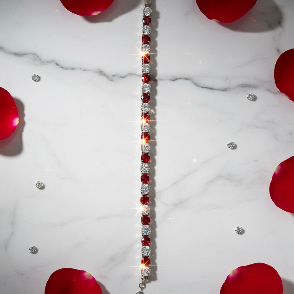 Bracciale Tennis in Argento con Moissanite Rosso e Bianco - flat lay marmo