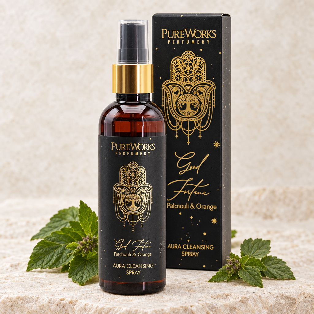 Spray Good Fortune Patchouli e Arancia con foglie di patchouli
