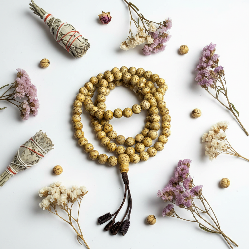 Mala semi di loto con fiori secchi e salvia