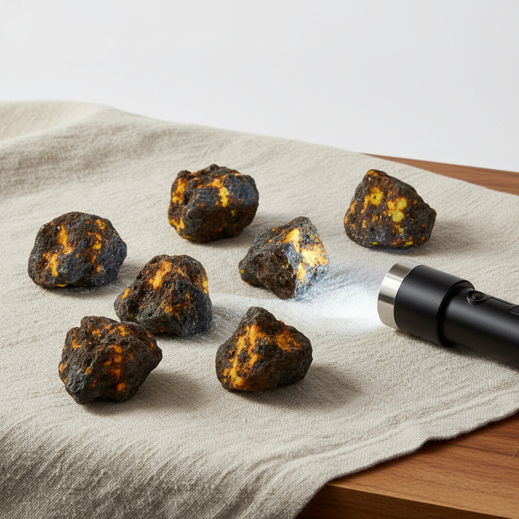 Yooperlite grezza - lifestyle su lino con torcia UV