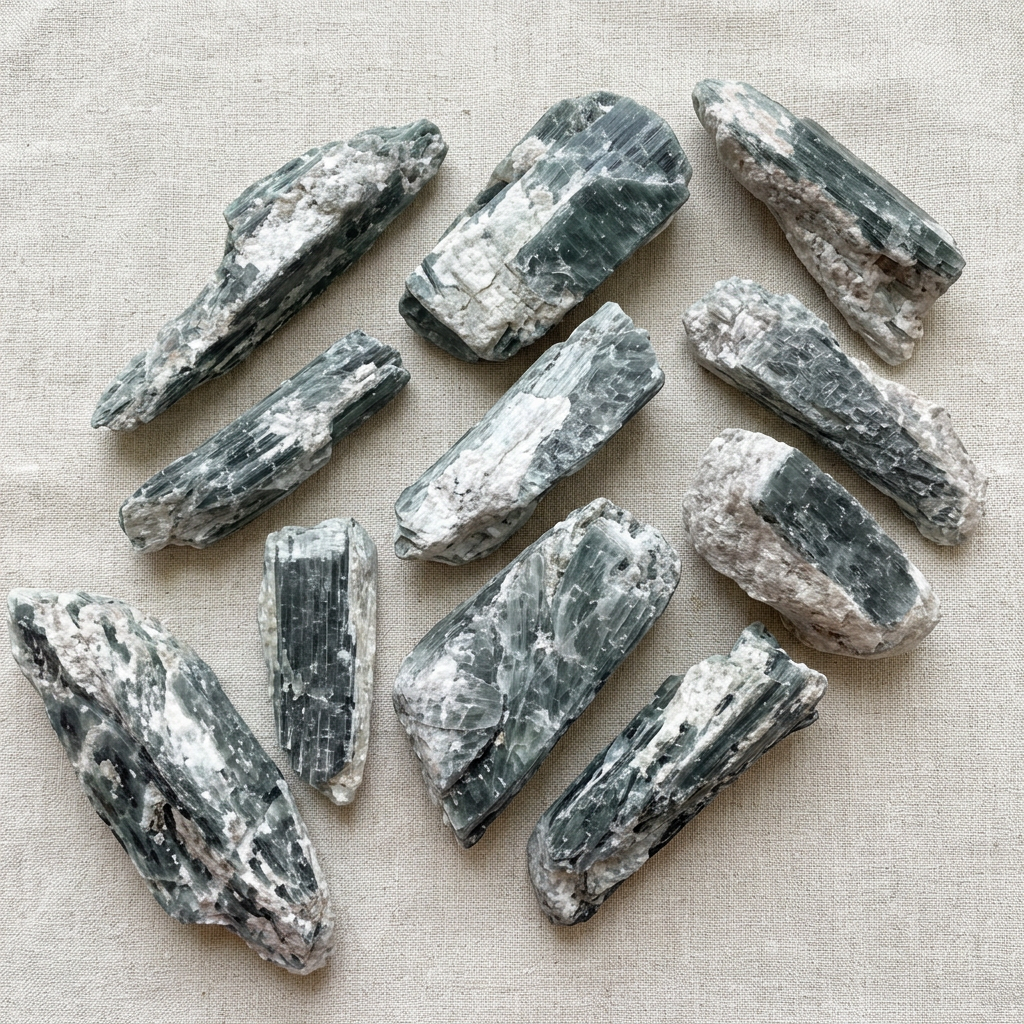 Cianite verde grezza su lino